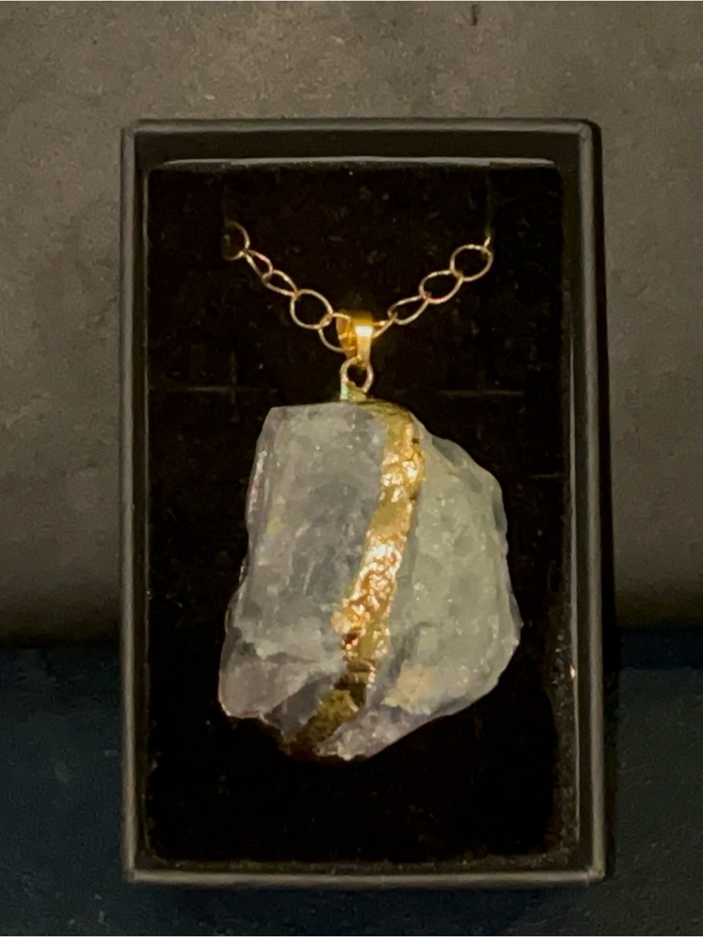 Gold-Trim Raw Aquamarine Pendant Necklace